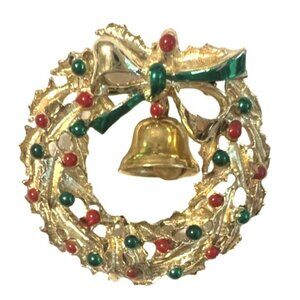 Vtg Wreath + Bell Christmas Brooch Holiday '60s ring the bell Holly Berries gift